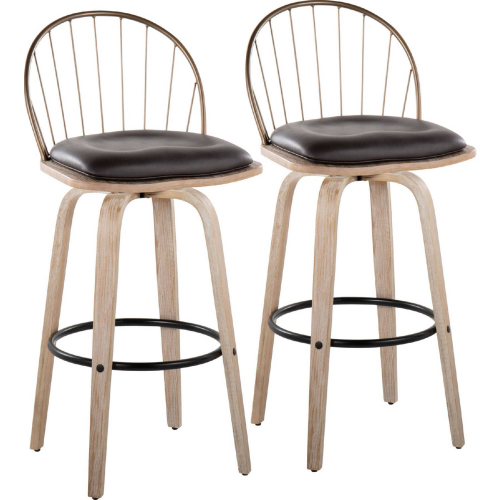 Riley 30" Swivel Bar Stool in White Washed Wood, Antique Copper & Brown Leatherette (Set of 2)